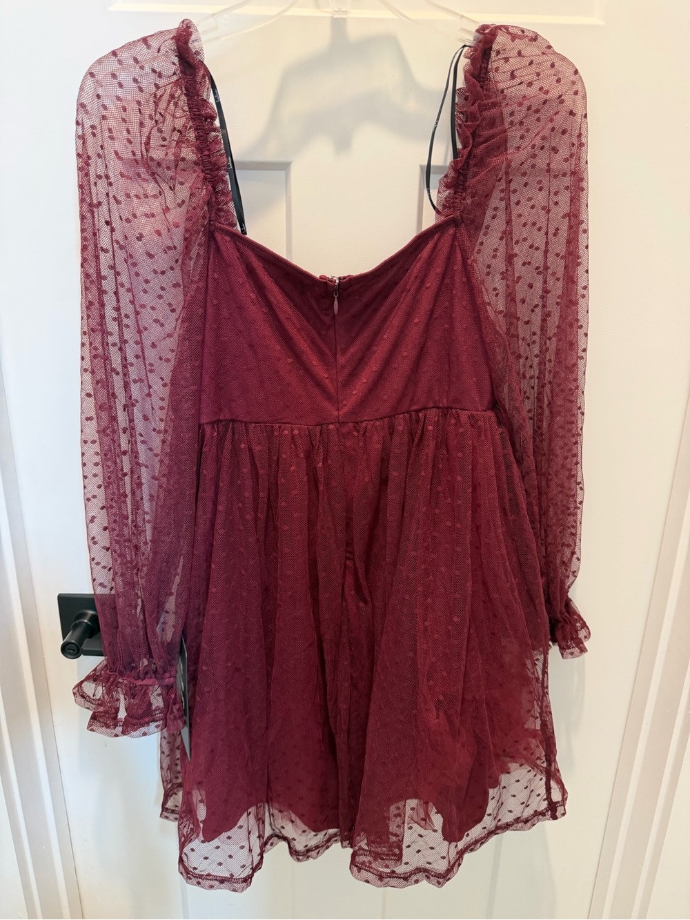 Lulu's Wine Dot Mesh Long Sleeve Babydoll Dress NWT - Picture 4 of 4